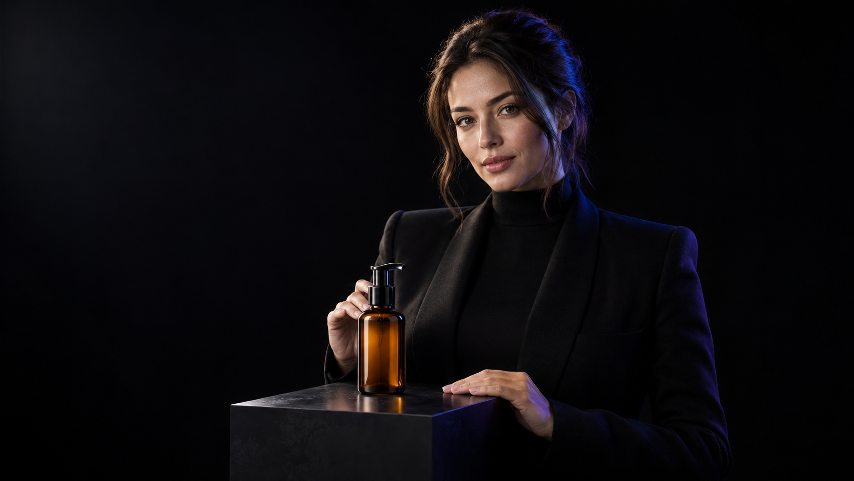 A professional digital brand presenter displaying an amber skincare bottle